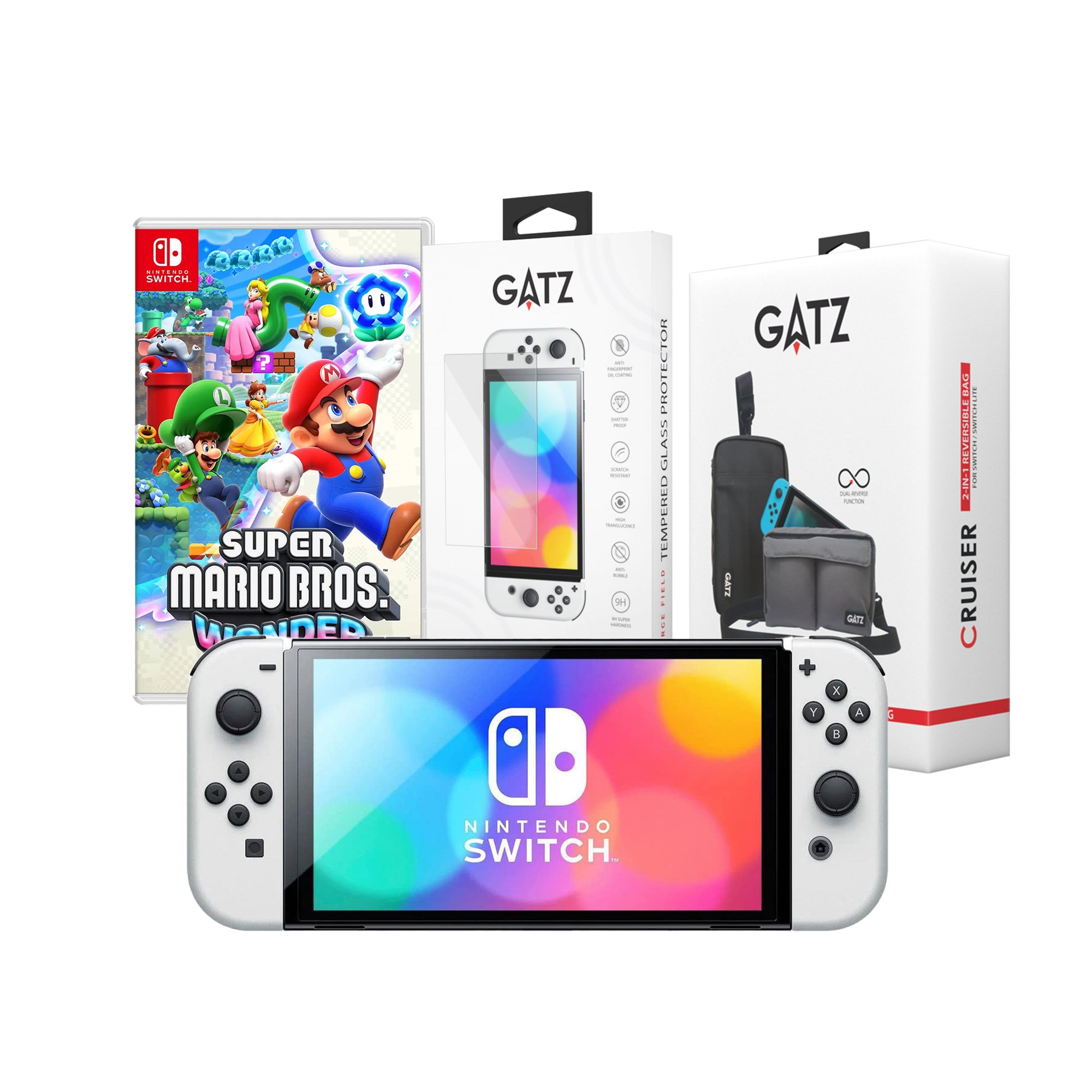 Nintendo Switch Oled White + Screen Protector + Mario Wonder + Gatz Reversible Bag