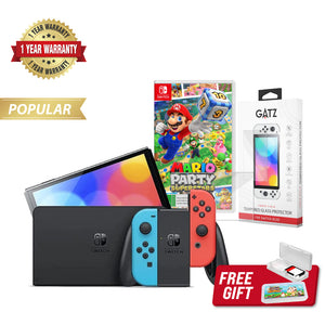 Nintendo Switch OLED Console (Neon) + 1 Game + Screen Protector Bundle