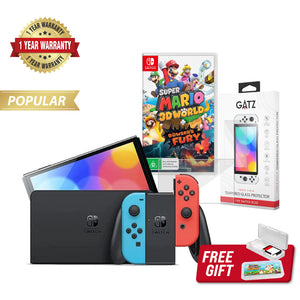 Nintendo Switch OLED Console (Neon) + 1 Game + Screen Protector Bundle